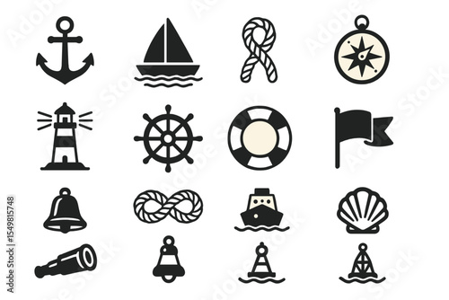 Nautical icon set featuring anchor, sailboat, compass, lighthouse, and lifebuoy