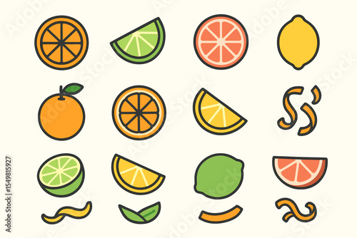 Colorful citrus fruit illustrations with oranges, lemons, limes, and grapefruits
