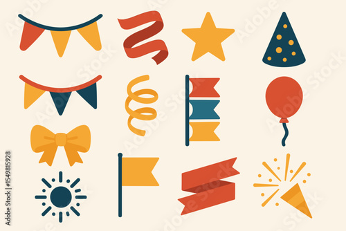 Colorful party decorations: banners, balloons, and flags in festive design