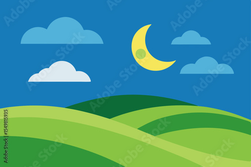 Serene Night Rolling Hills Under a Crescent Moon and Starry Sky