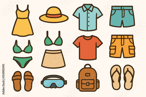 Summer clothing and accessories collection: dresses, swimwear, and more