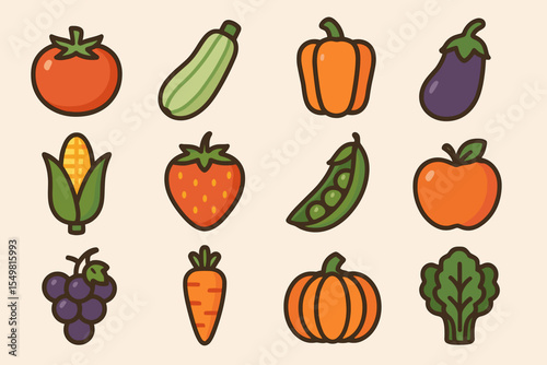 Colorful variety of fruits and vegetables: tomato, carrot, corn, apple, pumpkin, lettuce