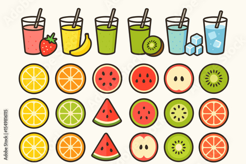 Colorful fruit and juice illustrations featuring strawberries, bananas, kiwis, oranges, watermelons, lemons, and apples