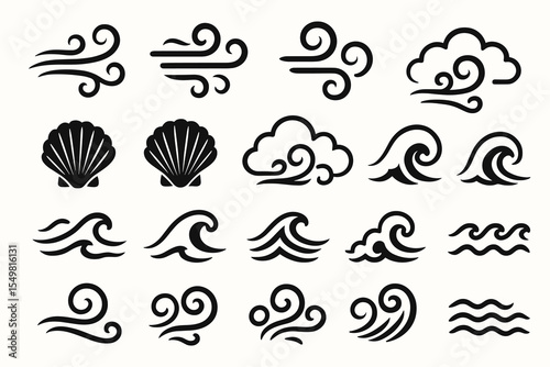 Collection of abstract wind, cloud, sea shell, and wave icons in black design