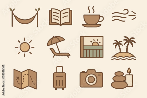 Relaxation and travel icons: hammock, book, coffee, beach, island, map, suitcase, camera