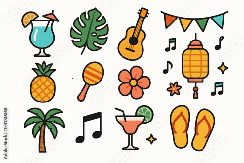 Colorful tropical icons: cocktail, guitar, lantern, pineapple, palm tree, flip-flops