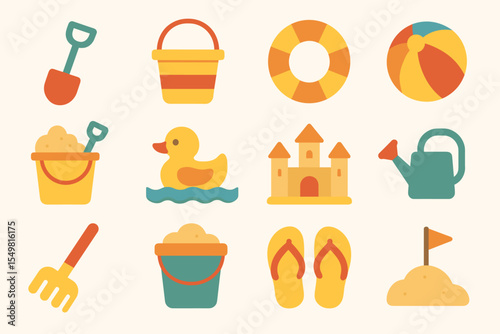 Colorful beach toys collection: buckets, shovels, sandcastles, and beach balls