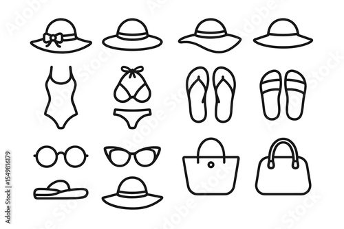 Minimalist beach accessories icons: hats, swimwear, sandals, sunglasses, bags