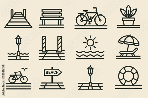 Minimalist beach icons: bicycle, bench, lamp, lifebuoy, umbrella, sun, pier, plant, sign