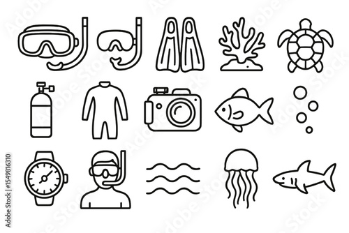 Diving icons: snorkeling gear, marine life, and underwater equipment