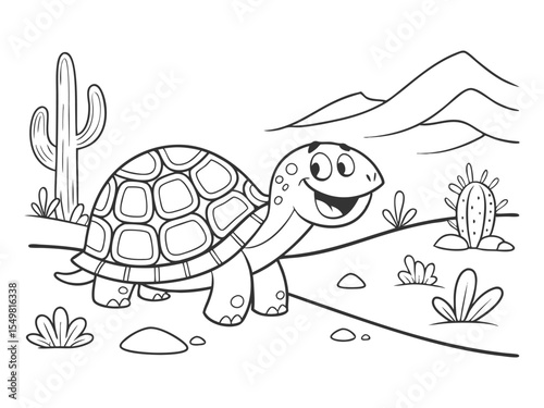 Smiling turtle, zoo turtle tortoise desert themed, coloring book page, coloring book, outline, SVG vector art, isolated on a white background