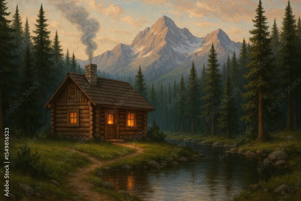 Fototapeta premium Serene Rustic Log Cabin Retreat Amidst Mountain Landscape Scenery