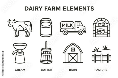 Illustrated dairy farm elements: cow, milk truck, barn, cream separator, butter churn, pasture