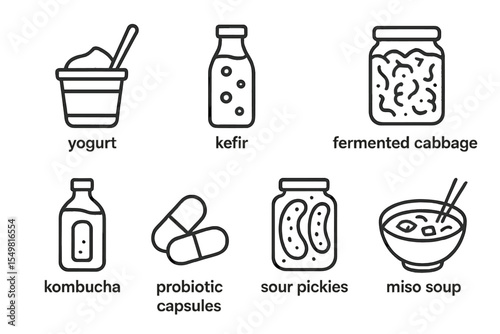 Illustrated icons of probiotic foods: yogurt, kefir, fermented cabbage, kombucha, probiotic capsules, sour pickles, miso soup