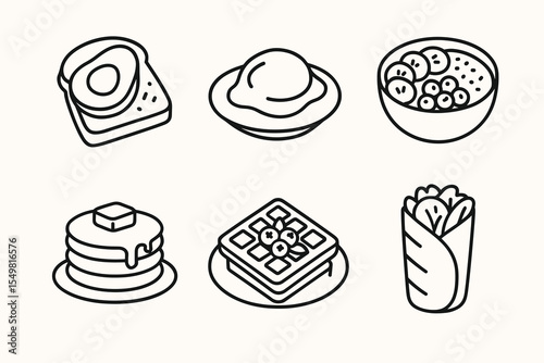 Outline icons of classic breakfast foods: eggs, pancakes, waffle, burrito, and cereal bowl