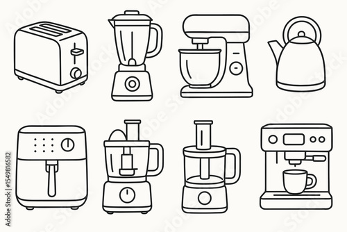 Set of home kitchen appliances: toaster, blender, mixer, kettle, air fryer, food processor, coffee maker