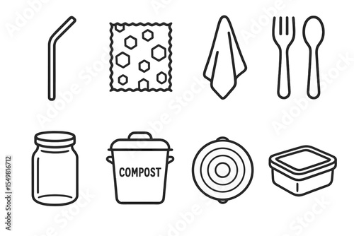 Eco-friendly kitchen items: compost bin, cutlery, reusable jar, cloth, sponge, container, straw