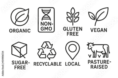 Organic and eco-friendly icons: non-gmo, gluten-free, vegan, sugar-free, recyclable, local, pasture-raised