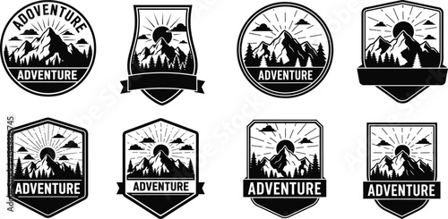Mountain Adventure Icons Set Silhouette Designs for Outdoors, Hiking, and Exploration Emblems Collection
