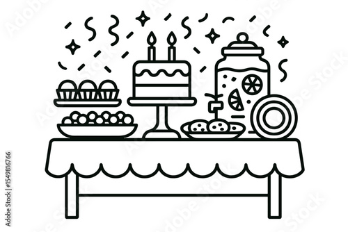 Festive party table with cake, snacks, and drinks in simple line art