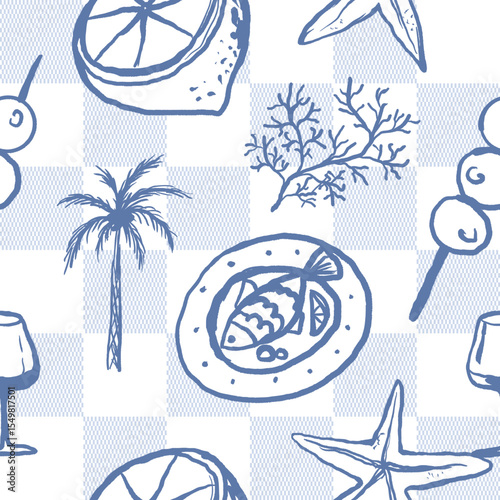 Sea food vacation seamless checkered pattern. Wine, fish, palm tree and corals hand drawn illustration. Design for textile, paper wrap restaurant and menu