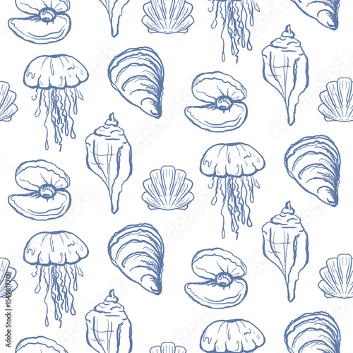 Vector seashells and sea animals seamless pattern. Sea shell icons in blue on white. Sea life background.
