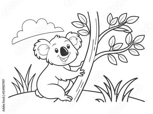 Smiling koala bear, Australian zoo safari themed, coloring book page, coloring book, outline, SVG vector art, isolated on a white background
