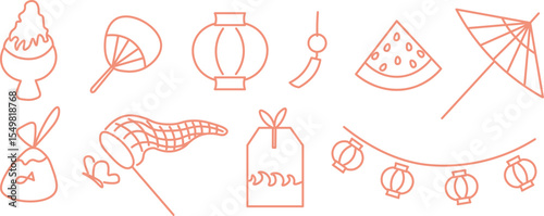 Japanese summer set in linear doodle style in vector. elements for decor postcard design print sticker poster background