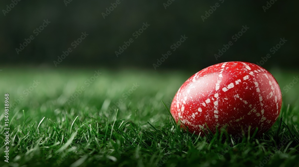 Naklejka premium A visually striking single red egg resting on vibrant green grass, symbolizing renewal and the arrival of spring, capturing the essence of nature's beauty and life.