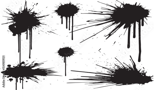 Collection of black ink splatters and drips with sharp edges and fine spray details on a white background