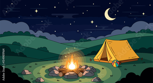 Night Camping Scene with Tent, Campfire, and Mountains - Vector Illustration