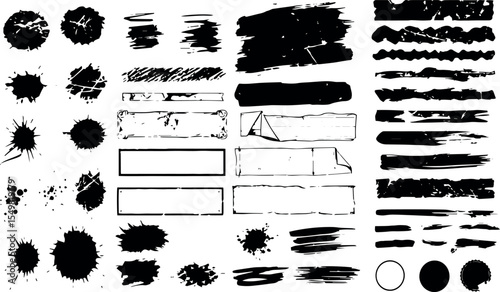 Collection of diverse black ink splatter brush stroke and grunge design elements including circles and textured frames on a white background