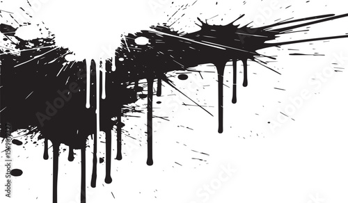 Abstract black ink splash with dripping effect and splatter marks on a white background for creative design elements