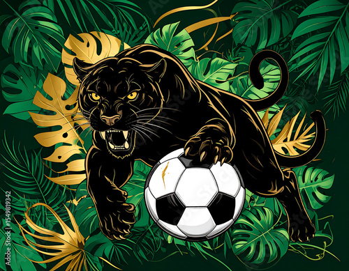 Roaring Panther Clawing Through a Football Surrounded by Jungle Vines Representing Wild Power, Aggression, and Untamed Sports Energy.

