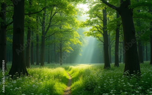 A lush green forest with tall trees and a carpet of wildflowers surrounding them, landscape, forest, foliage. High quality