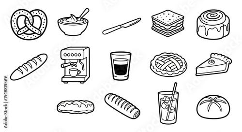 Black and White Food and Drink Line Art Illustration with Pretzel and Coffee Machine