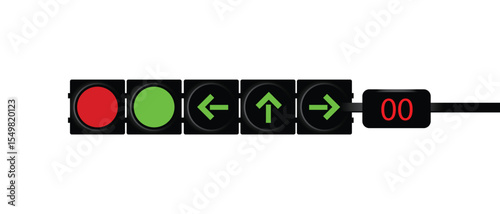 Modern traffic light system with illuminated green directional arrows, red stop signal, and digital countdown timer suitable for transportation, road safety, or urban planning visuals. Vector art.