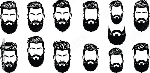 Set of Stylish Men's Hairstyles with Beards and Moustaches in Silhouette