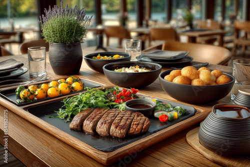 A beautifully arranged dining table with a variety of exquisite dishes served in an elegant restaurant. The scene evokes a sense of luxury, fine cuisine, and an enjoyable dining experience.

