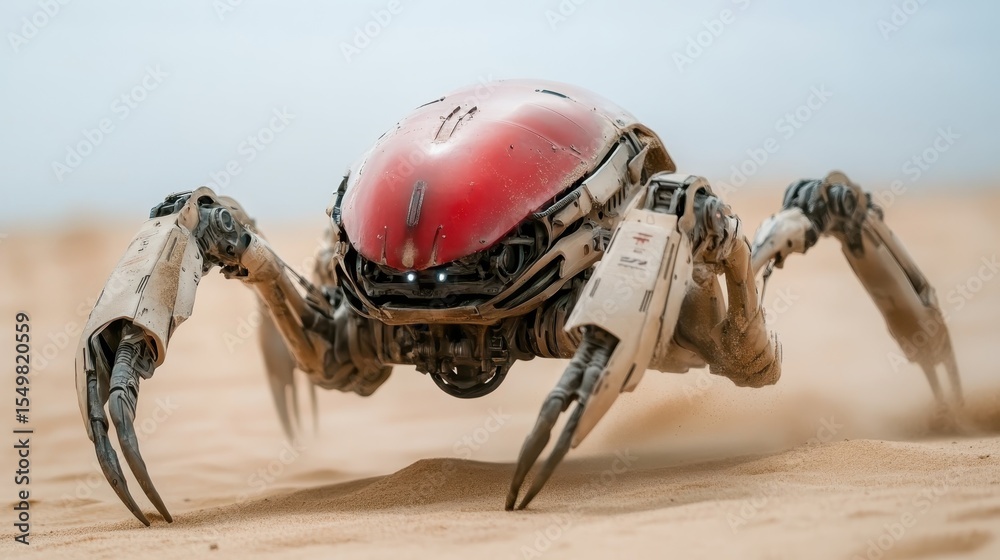 Obraz premium A sci-fi robotic crab navigates the sandy landscape, showcasing the fusion of technology and nature in a futuristic setting filled with innovation and creativity.