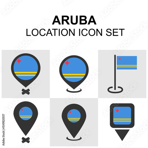 Aruba location icon set with map pins and flag elements. Ideal for Caribbean travel and map applications.