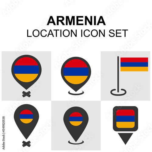 Armenia icon set with national flag markers and map pins. Suitable for travel interfaces and regional maps.