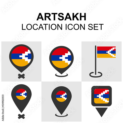 Artsakh flag and location icon set with map pins. Useful for geography, UI design, and travel visuals.