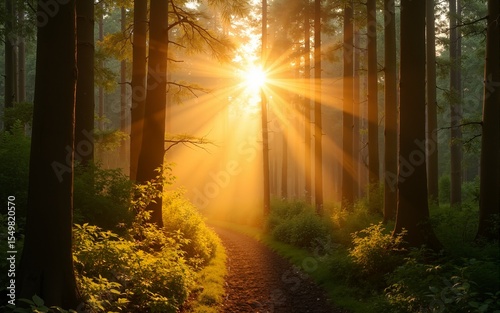 Golden hour in a forest, sunbeams piercing through the dense foliage. Themes of nature and mindfulness. High quality