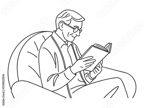 Single line drawing is grandfather reading a book on the sofa. Grandparents day. Continuous line drawing design graphic vector illustration. 