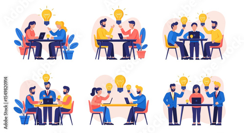 Collaborative Teamwork: Diverse Professionals Brainstorming Innovative Ideas, Illustrated with Bright Lightbulbs Symbolizing Creativity and Solutions.