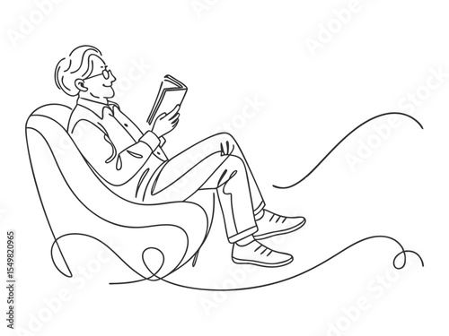 Single line drawing is grandfather reading a book on the sofa. Grandparents day. Continuous line drawing design graphic vector illustration. 