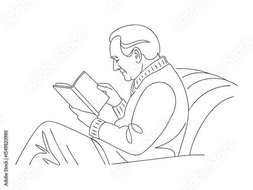 Single line drawing is grandfather reading a book on the sofa. Grandparents day. Continuous line drawing design graphic vector illustration. 