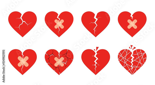 Collection of Red Broken Hearts with Bandages, Representing Heartbreak and Healing