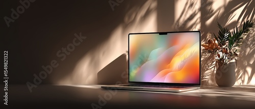 Modern Laptop in a Bright Room with Soft Shadows and Plants